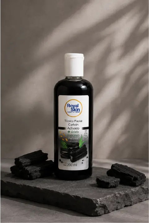 Carbon activado Tónico facial Royal Skin de carbón activado con ácido salicílico en una composición de limpieza facial.