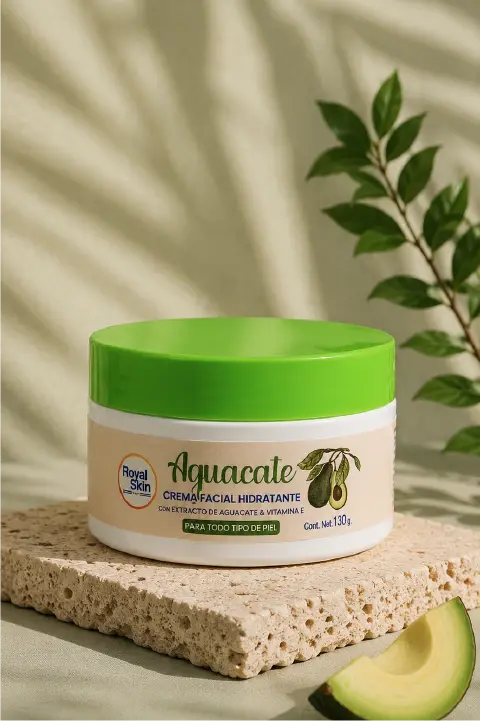 Crema de aguacate Crema facial hidratante Royal Skin de aguacate en una composición con aguacate y elementos naturales.