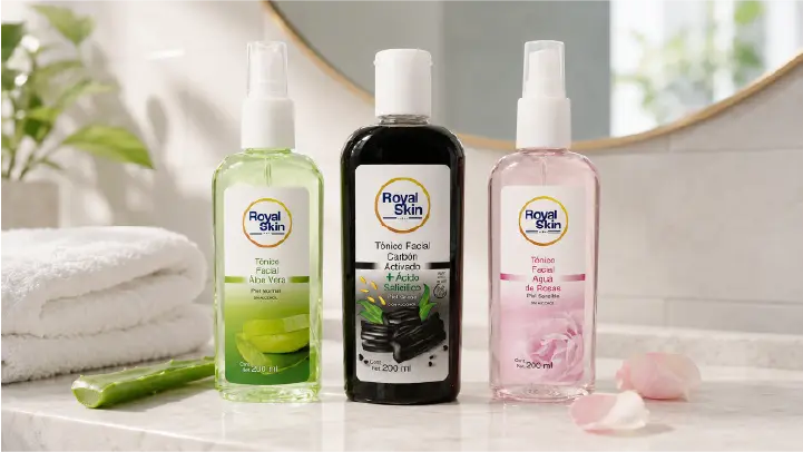 Equilibrio y limpieza Tónicos faciales Royal Skin de áloe vera, carbón con ácido salicílico y agua de rosas para limpieza y equilibrio de la piel.