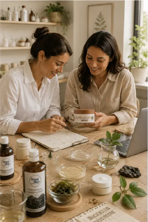 Filosofia 1 Equipo de Royal Skin revisando una crema facial en una mesa de desarrollo con ingredientes naturales.