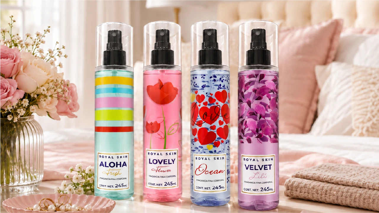 Aromas Fragancias corporales Royal Skin Aloha Fresh, Lovely Flower, Ocean y Velvet Lili en una composición de dormitorio.