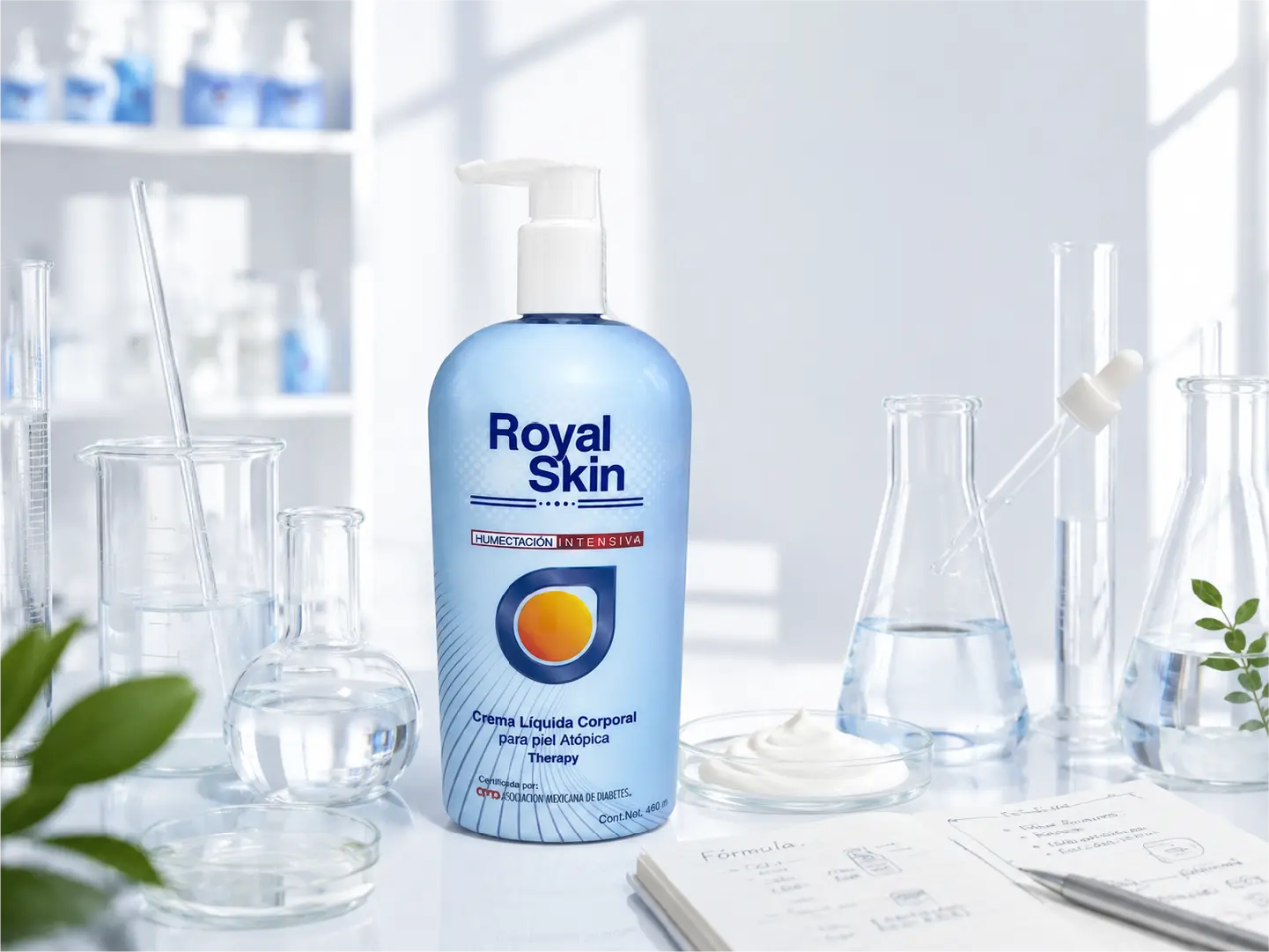 Crema líquida corporal Therapy de Royal Skin rodeada de matraces, gotero y elementos de laboratorio, representando el origen científico de la fórmula.