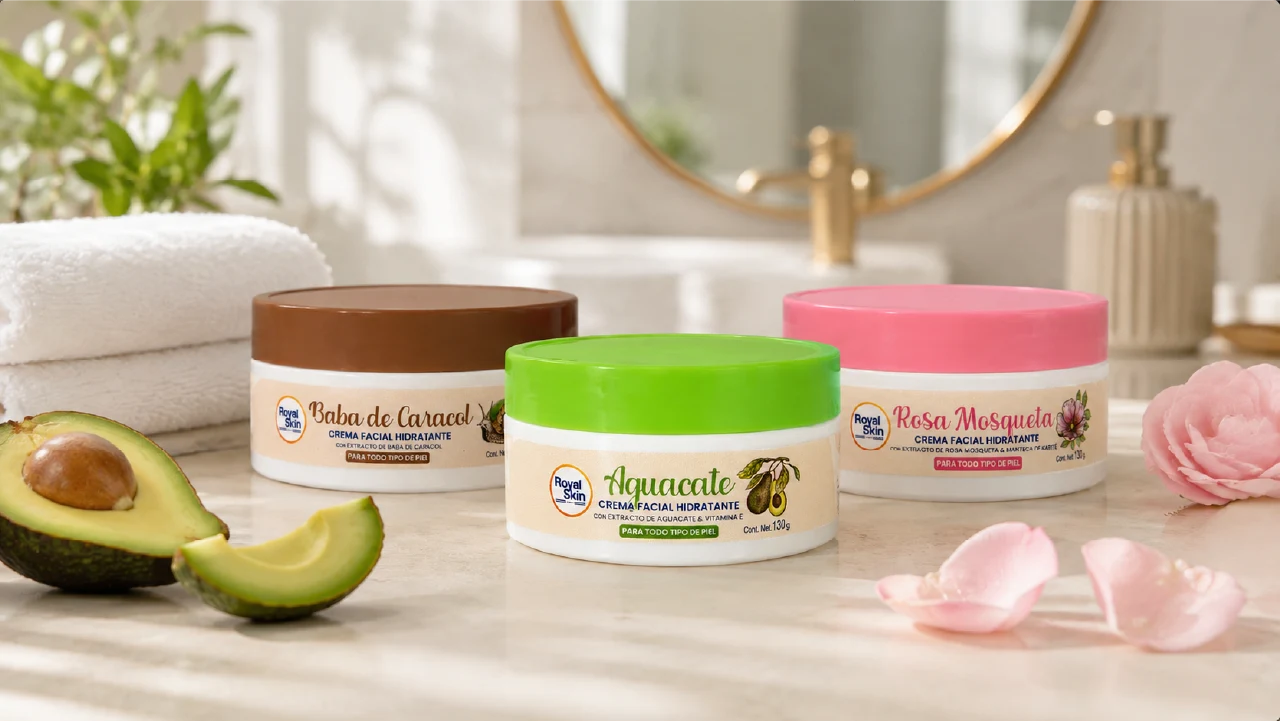 Hidratantes Cremas faciales hidratantes Royal Skin de aguacate, baba de caracol y rosa mosqueta en una composición de cuidado diario.