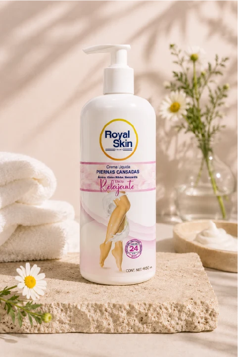Piernas cansadas Crema líquida Royal Skin para piernas cansadas efecto relajante en una composición de bienestar y confort.