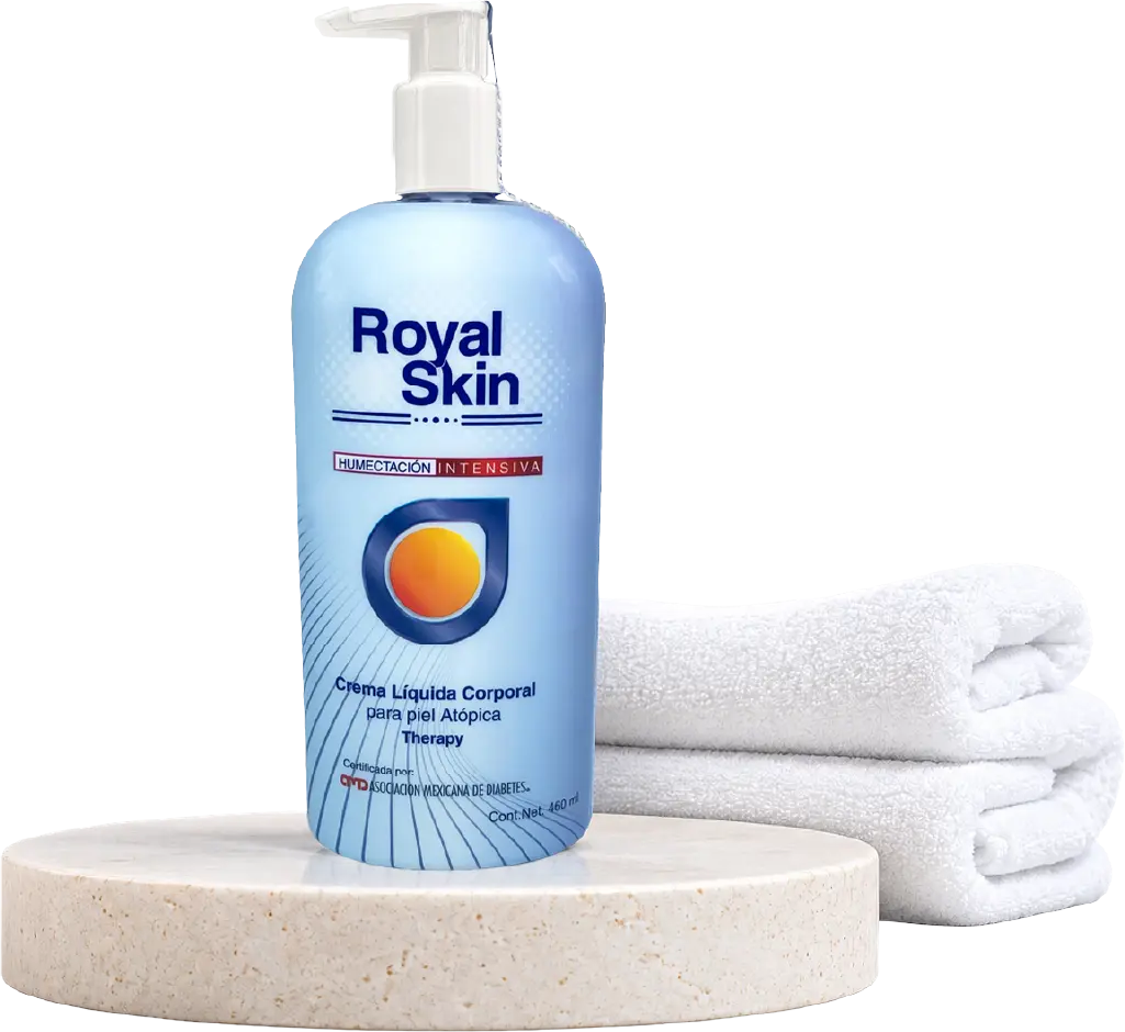 Therapy-Hero-Mobile Crema líquida corporal Royal Skin Therapy para piel atópica sobre base de mármol con toallas blancas.