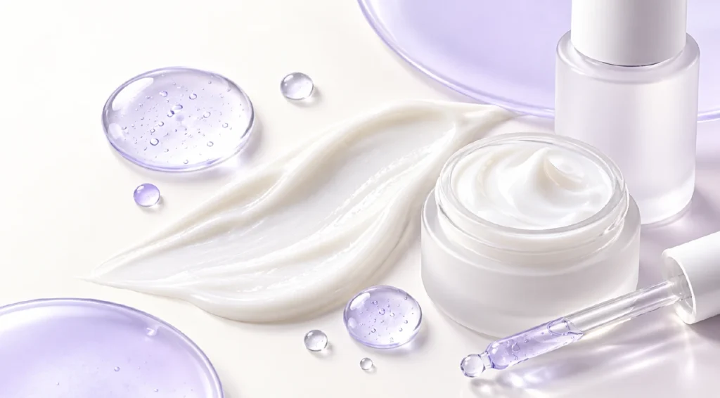 Entrada No.4 | Royal Skin Texturas de crema y gel en tonos blancos y lavanda junto a envases cosméticos, representando el uso de urea en el cuidado de la piel seca.