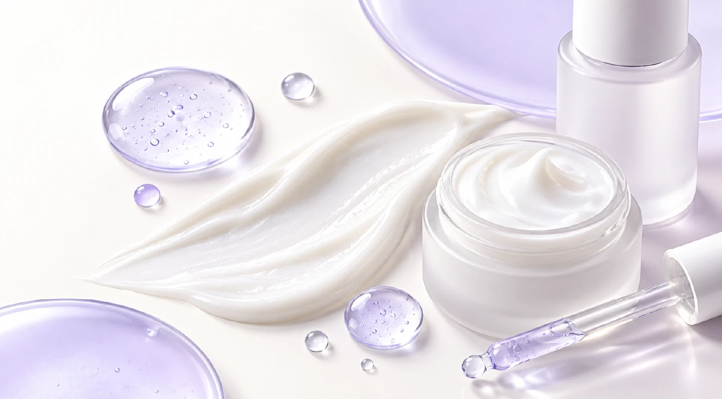 Texturas de crema y gel en tonos blancos y lavanda junto a envases cosméticos, representando el uso de urea en el cuidado de la piel seca.